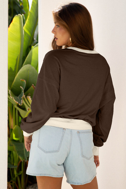 Raw Edge Flower Patch Drop Shoulder Contrast Rib Crewneck Long Sleeve Top